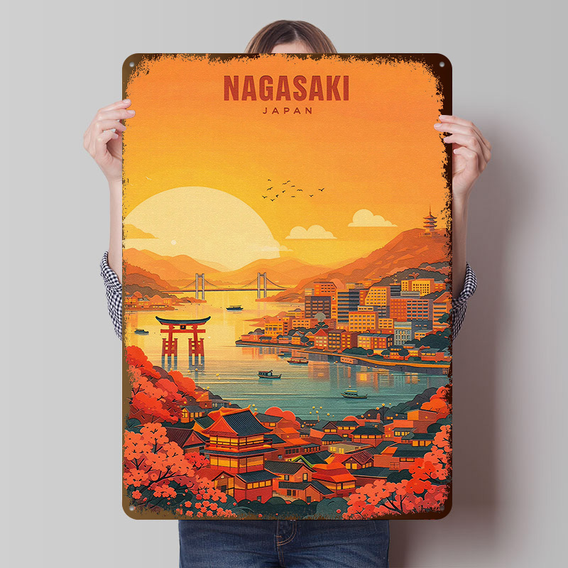 Retro Gaming Japan - Nagasaki Japan Cityscape At Sunset Tinplate